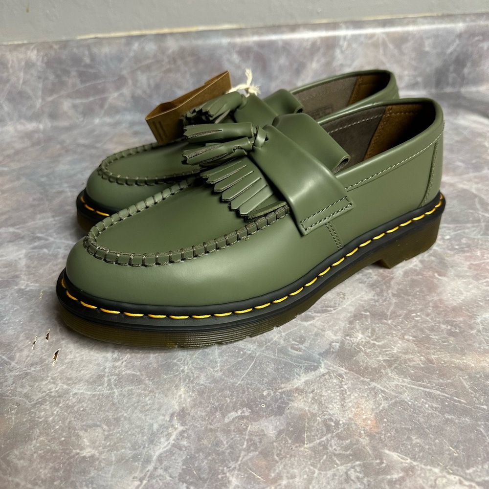 Dr Martens Docs Adrian Yellow Stitch Leather Tassel Loafers Khaki Green